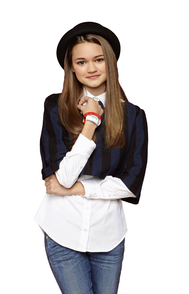 a young girl wearing a white shirt and black hat
