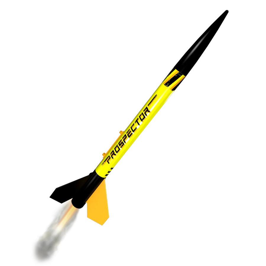 a yellow and black rocket on a white background