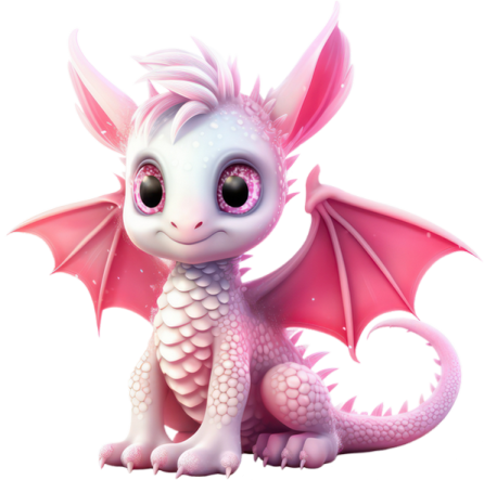 a pink and white dragon with big eyes