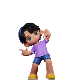 a cartoon character in a purple shirt and blue shorts