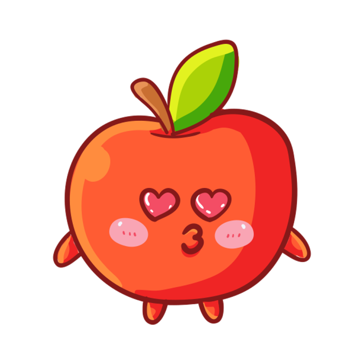 an orange apple with a green leaf on its head