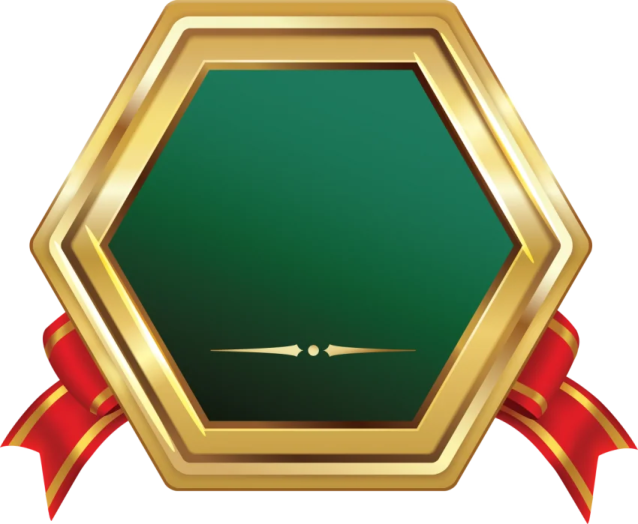 a green and gold hexagon with a red ribbon