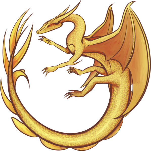 a drawing of two yellow dragons fighting