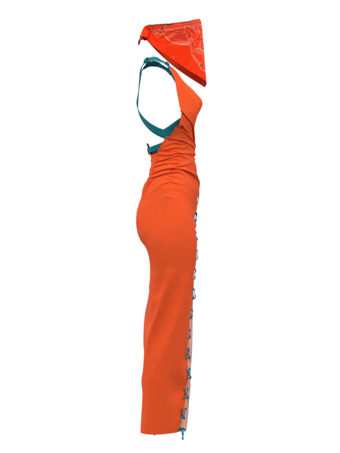 a woman in an orange dress and hat