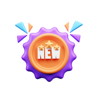 a purple and orange button with the word new on it