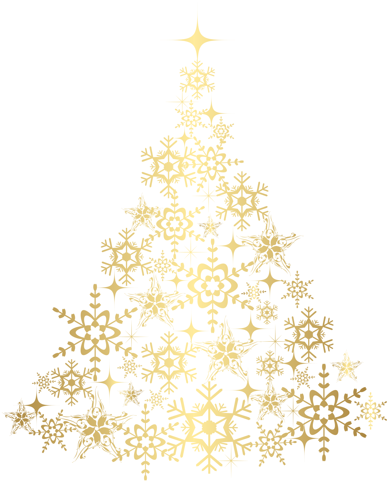a gold christmas tree with snowflakes and stars