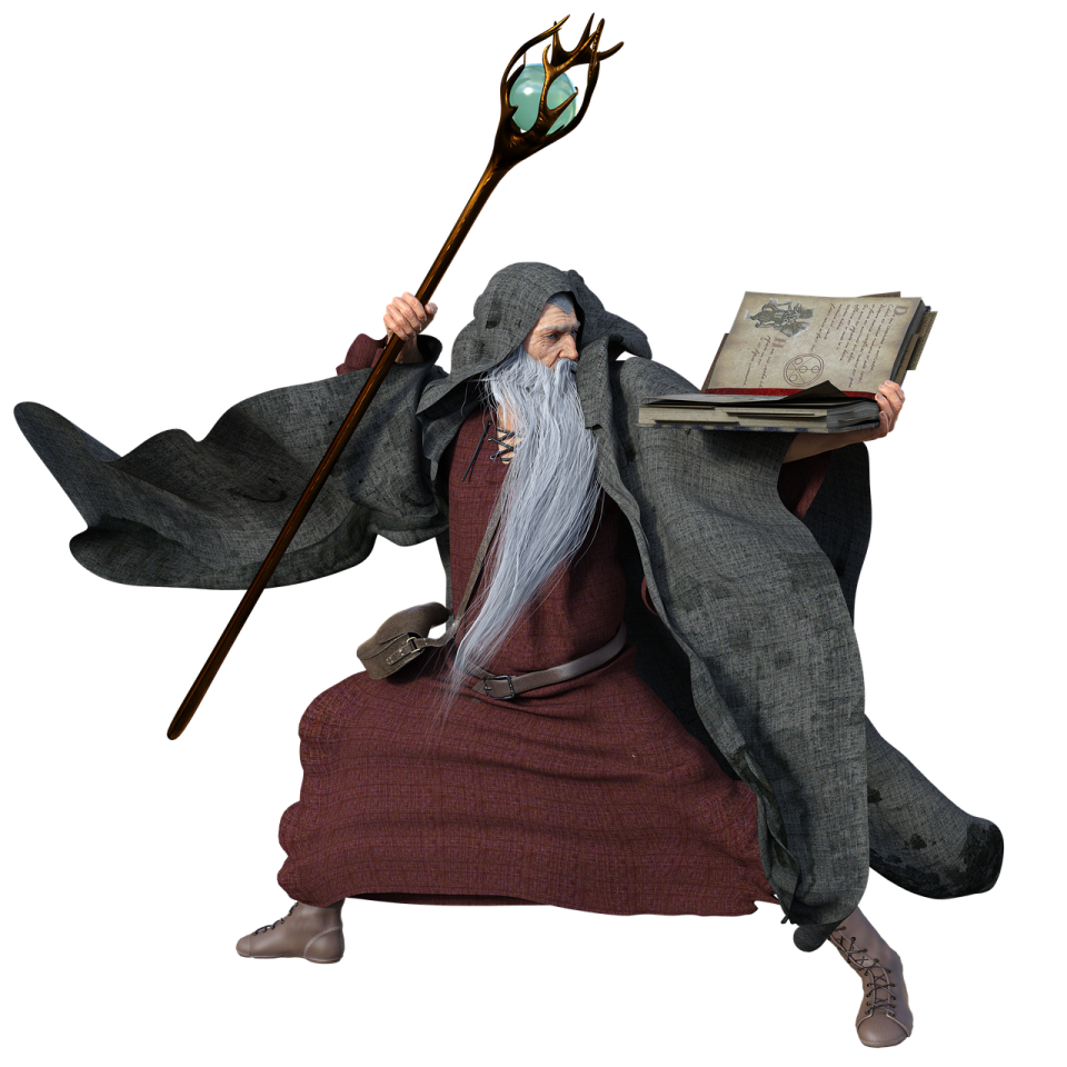a statue of an old man holding a wand