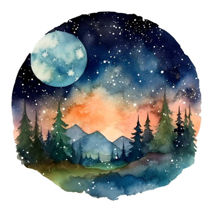a watercolor painting of trees and the moon