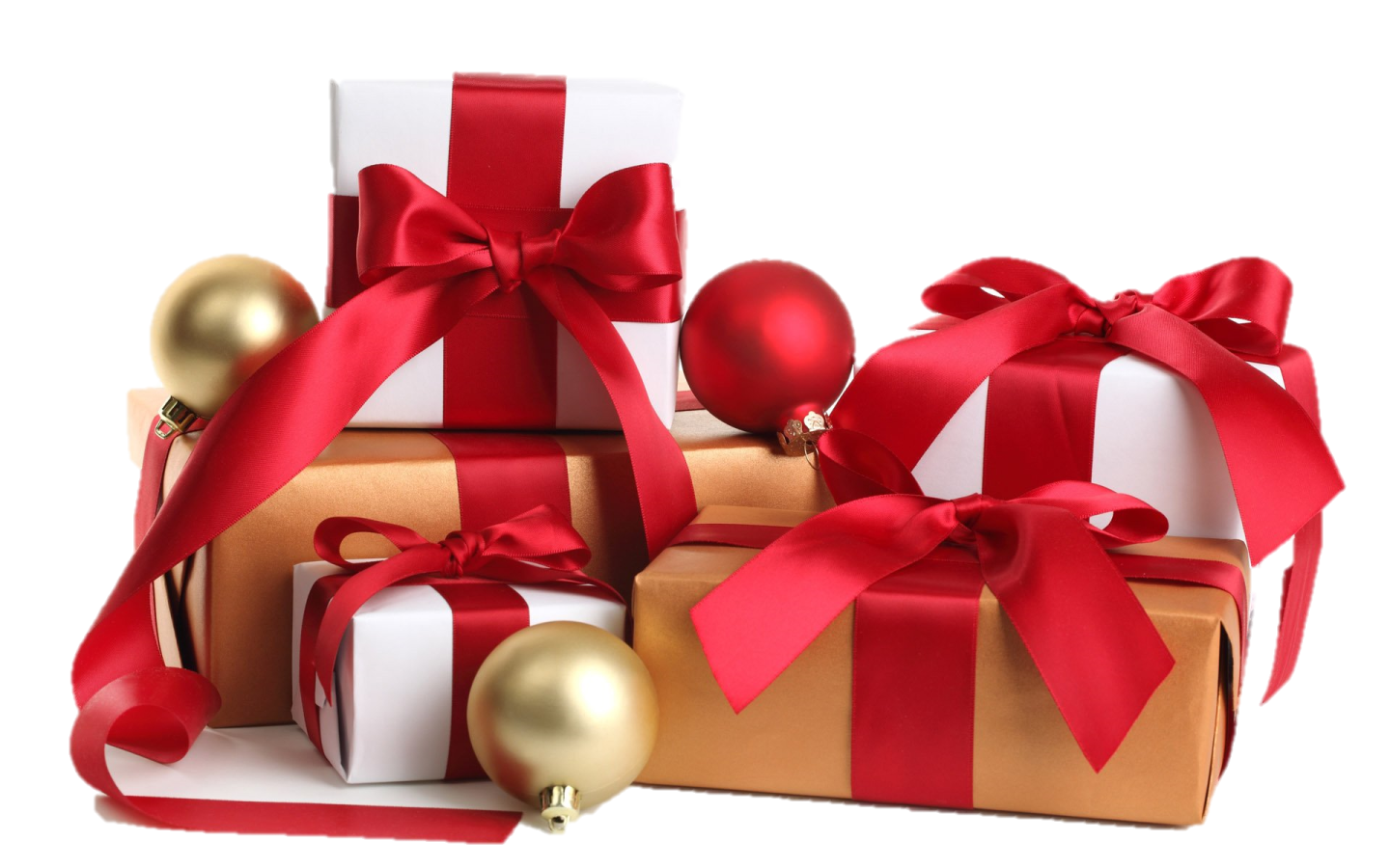 a pile of presents with red bows and gold ornaments