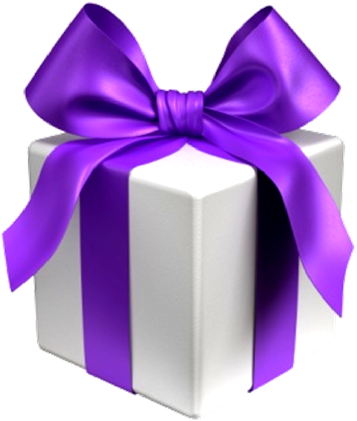 a white gift box with purple ribbon and bow