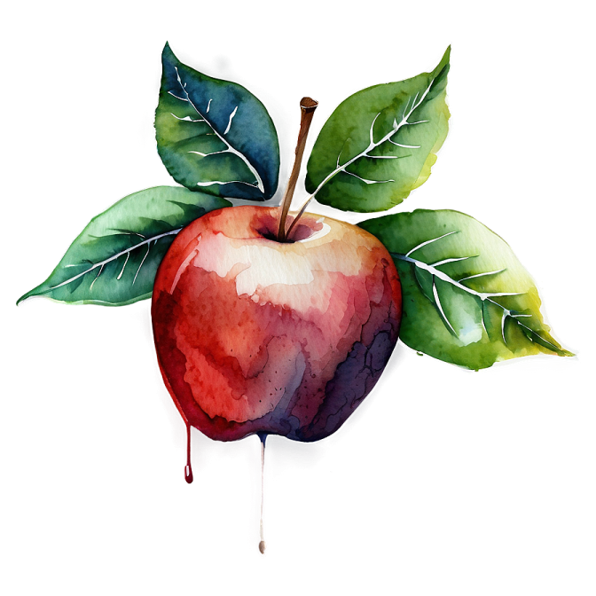a watercolor painting of an apple with leaves