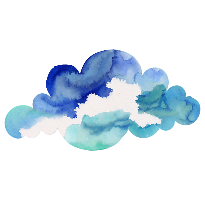 a watercolor painting of blue and white clouds