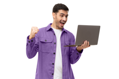 a man in a purple jacket holding a laptop