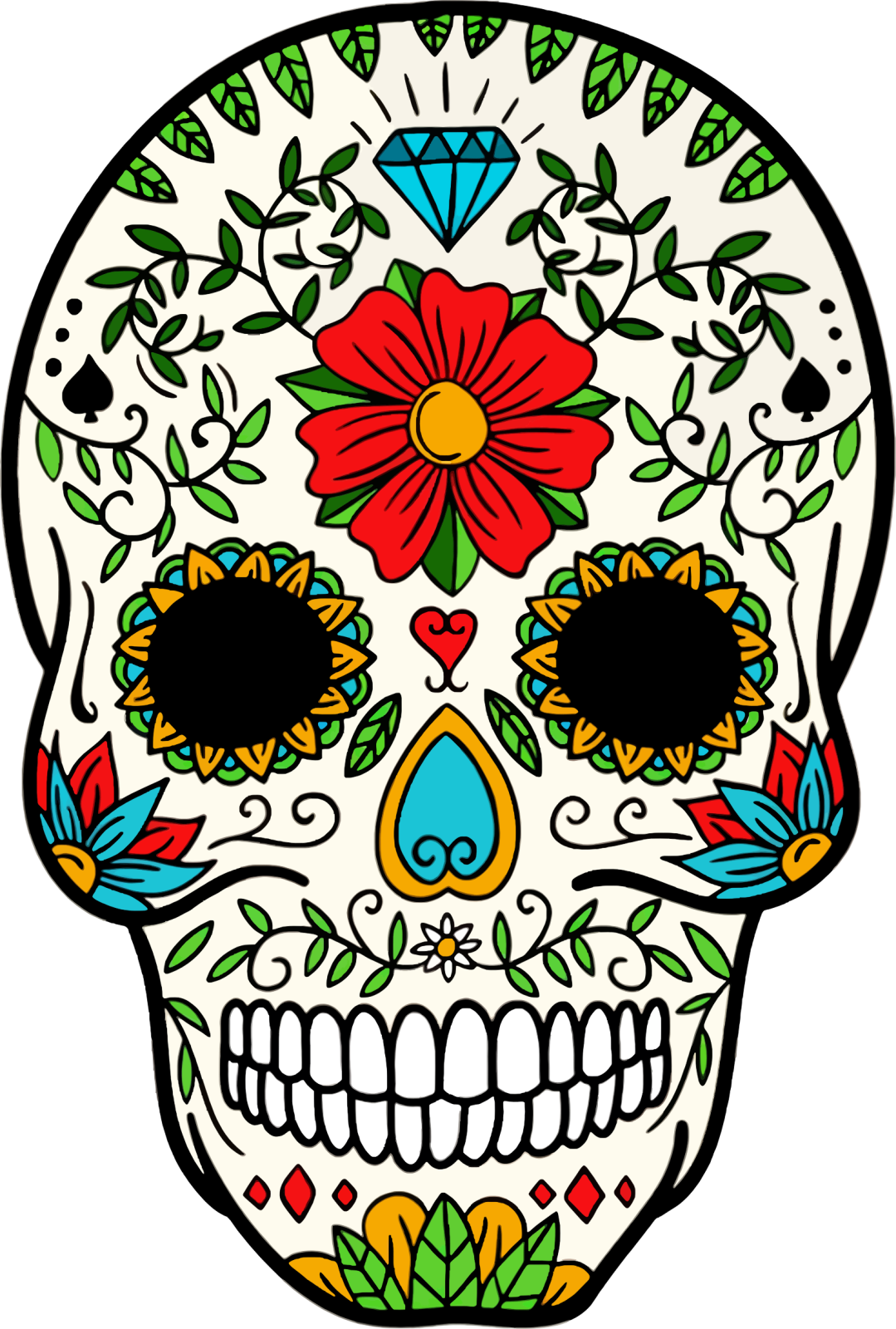 a sugar skull with colorful flowers and leaves