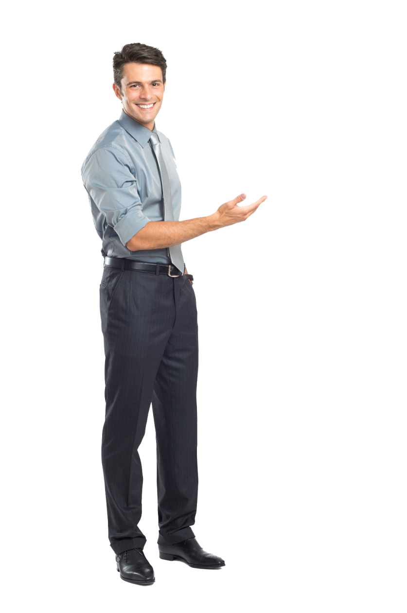 a man in a blue shirt and black pants