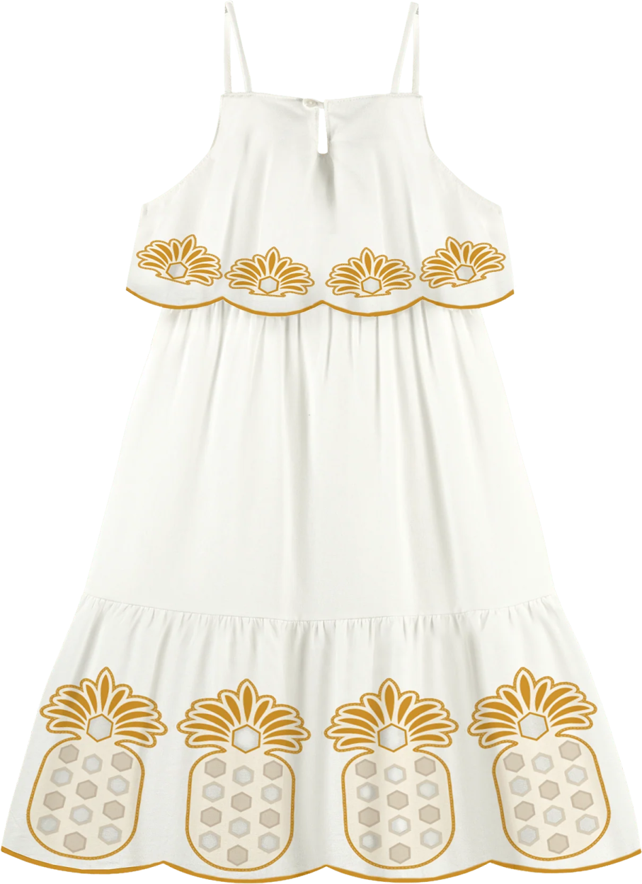 a white dress with gold embroidery on the shoulders