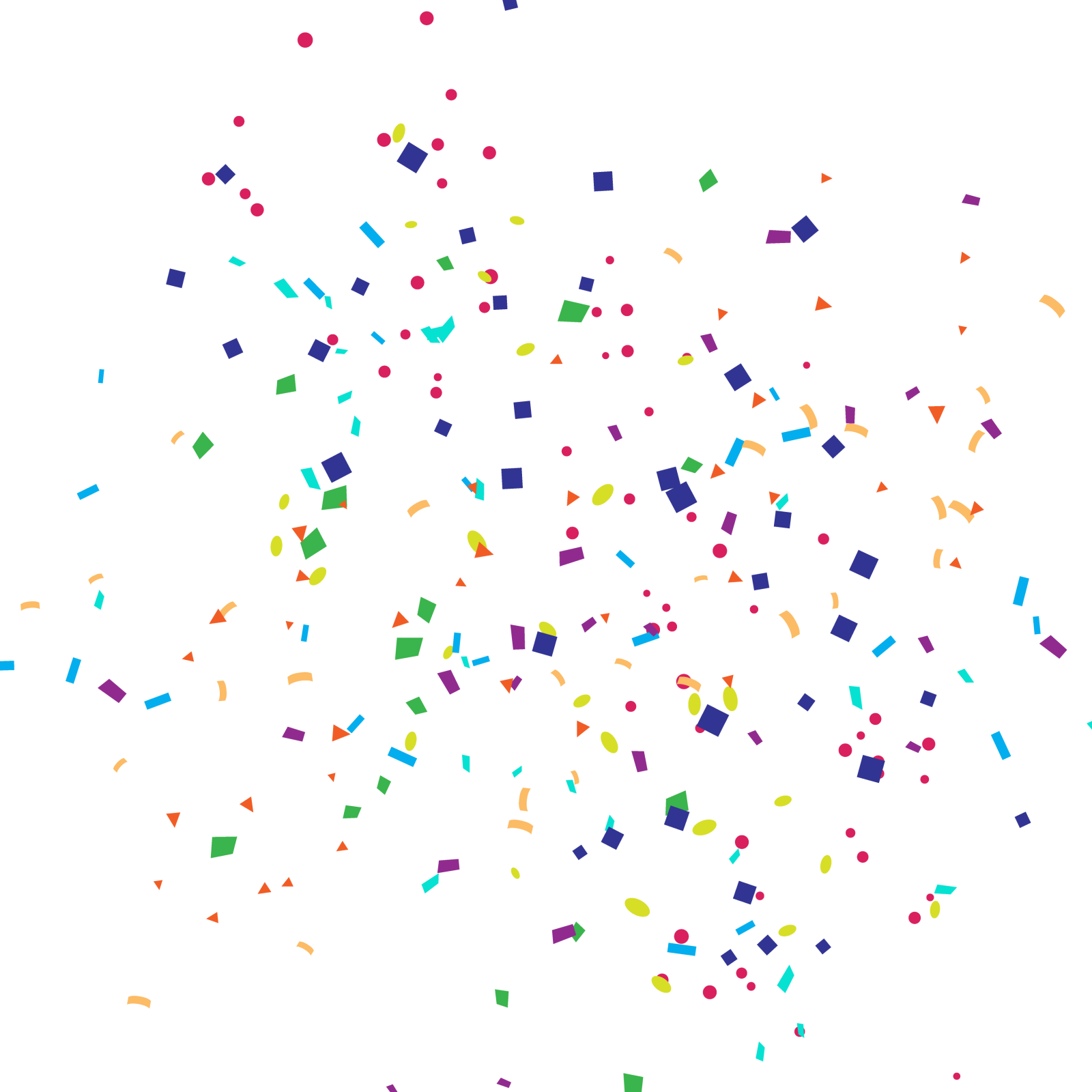 a white background with colorful confe