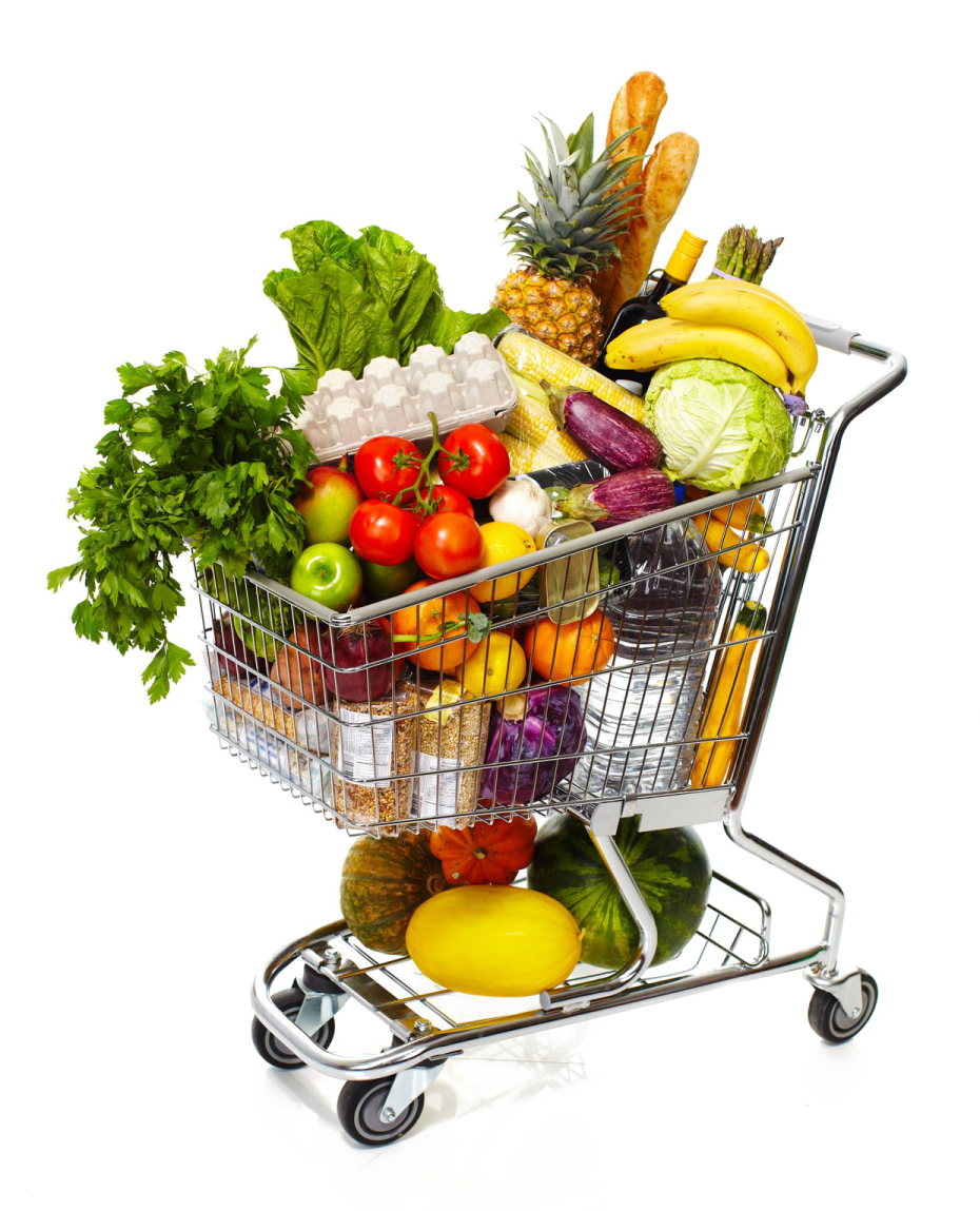 a shopping cart full of fruits and vegetables
