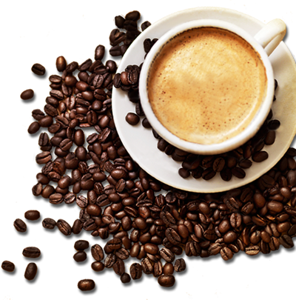 a cup of coffee surrounded by coffee beans
