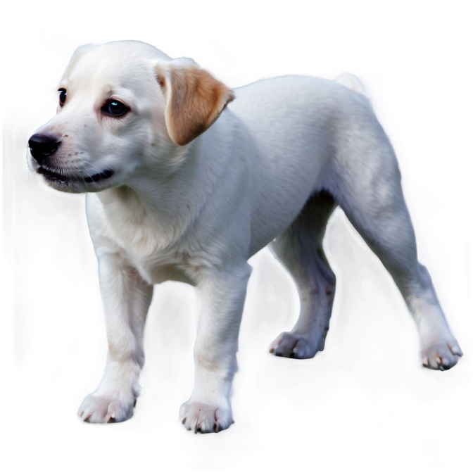 a small white dog standing on a white surface