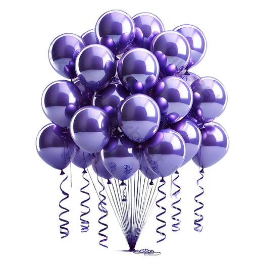 a bunch of purple and silver balloons