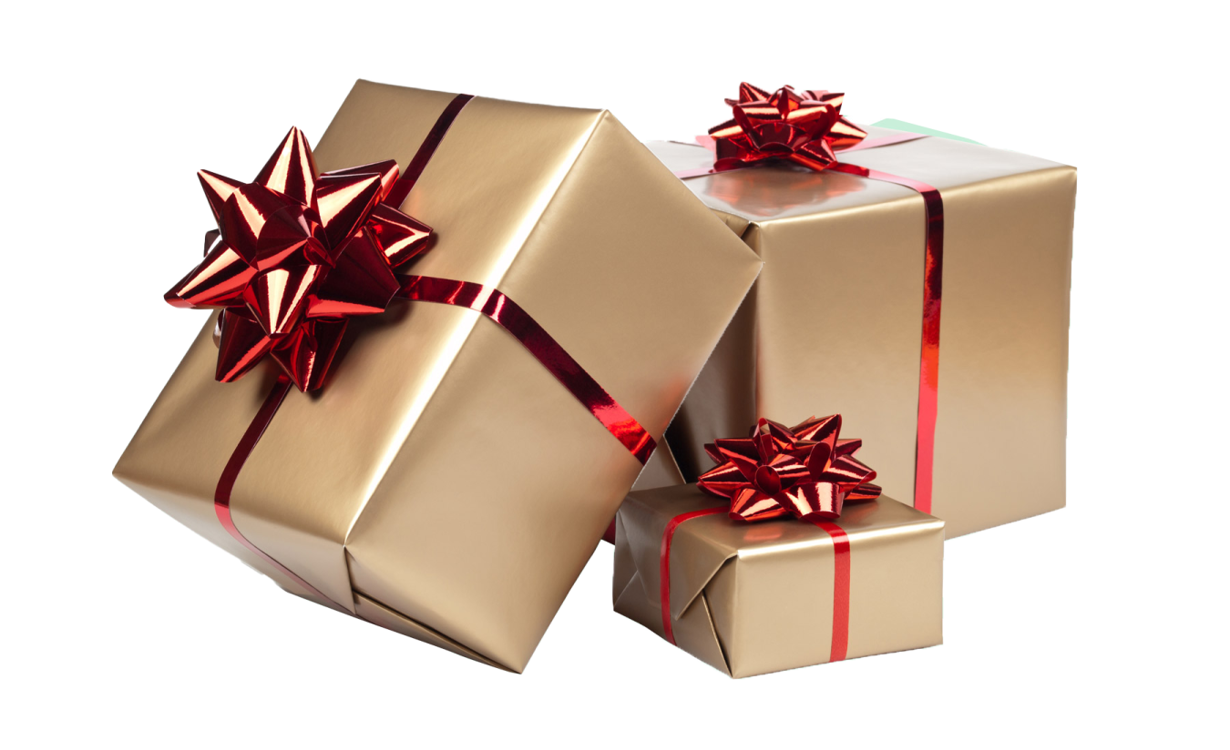 two gold gift boxes with red bows