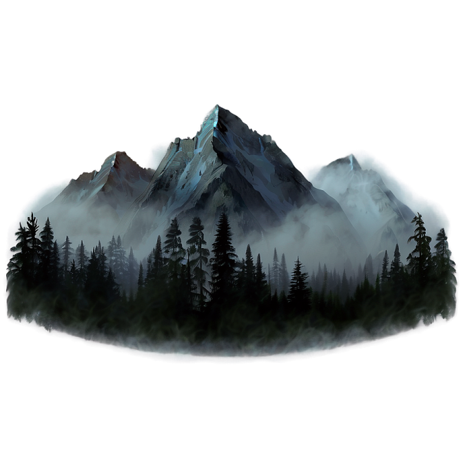 a mountain with trees and fog in the background