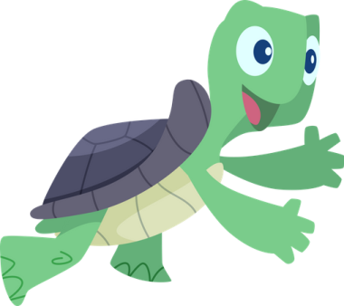 a green turtle with blue eyes and a black shell