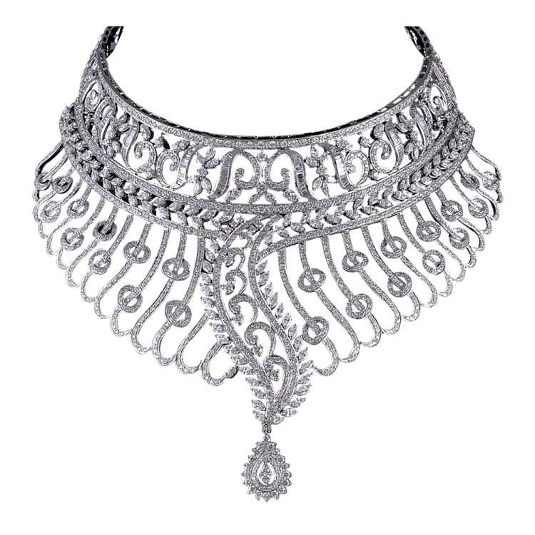 a diamond necklace on a white background