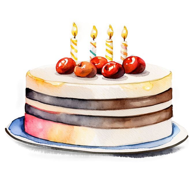 a watercolor painting of a birthday cake