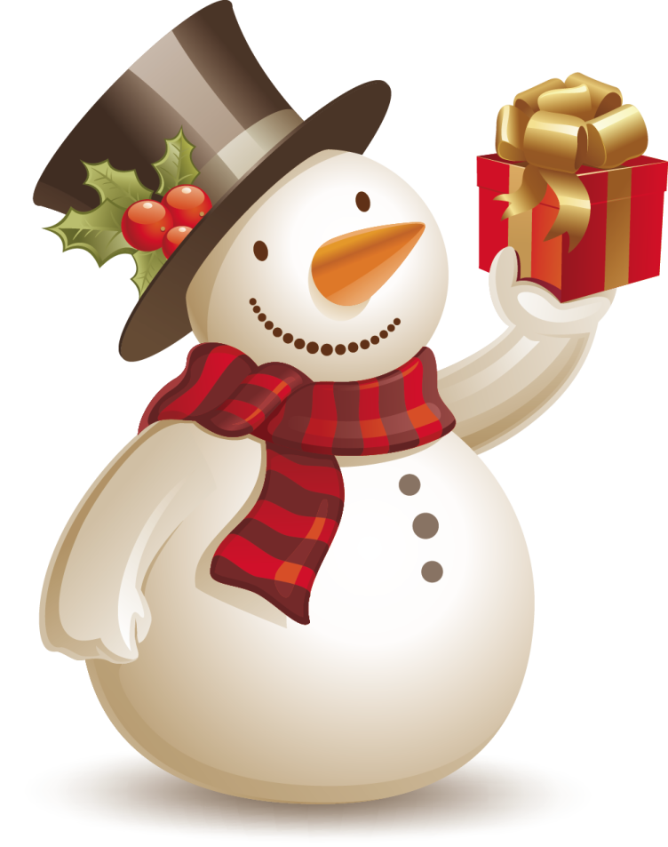 a snowman holding a christmas present