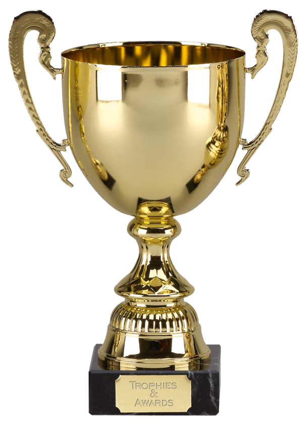a gold trophy on a black marble base