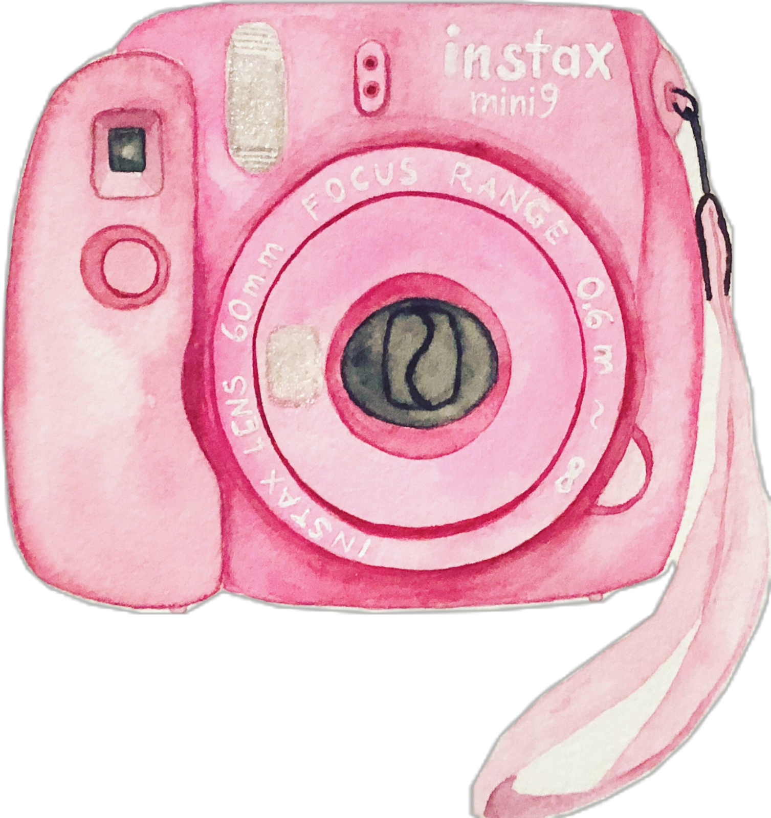 a watercolor drawing of a pink camera