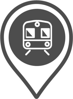 a map pointer with a train icon on it