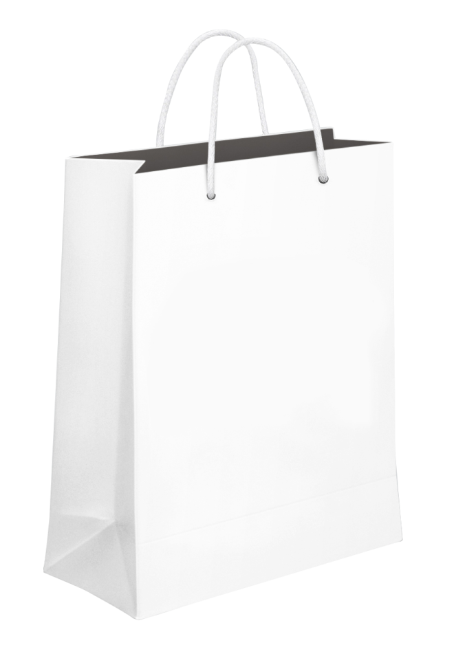 a white paper shopping bag with black handles
