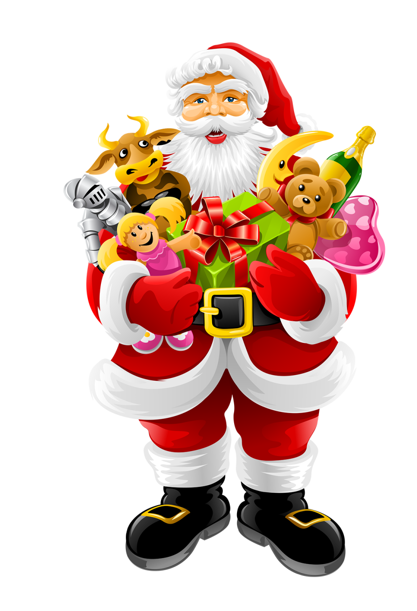 a santa claus holding a bunch of toys