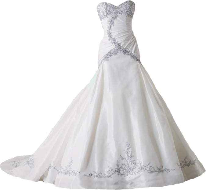 a white wedding dress with blue flowers on it