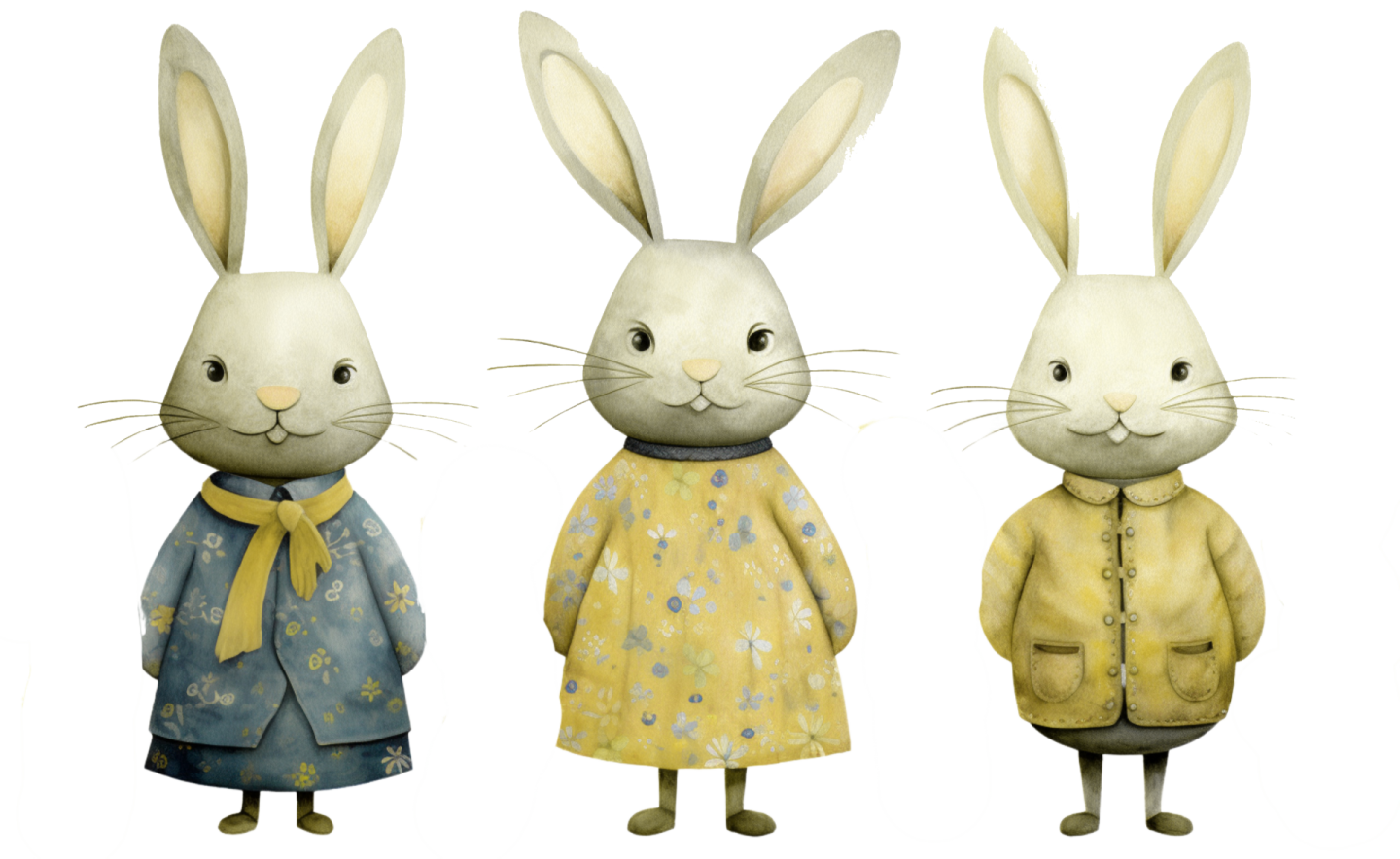 a group of three rabbits dressed in clothes