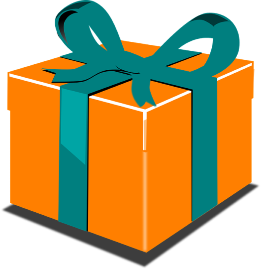 an orange gift box with a green bow