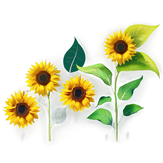three sunflowers with green leaves on a white background