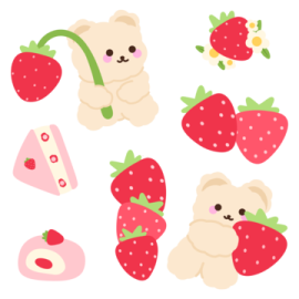 a bunch of teddy bears with strawberries and strawberrys