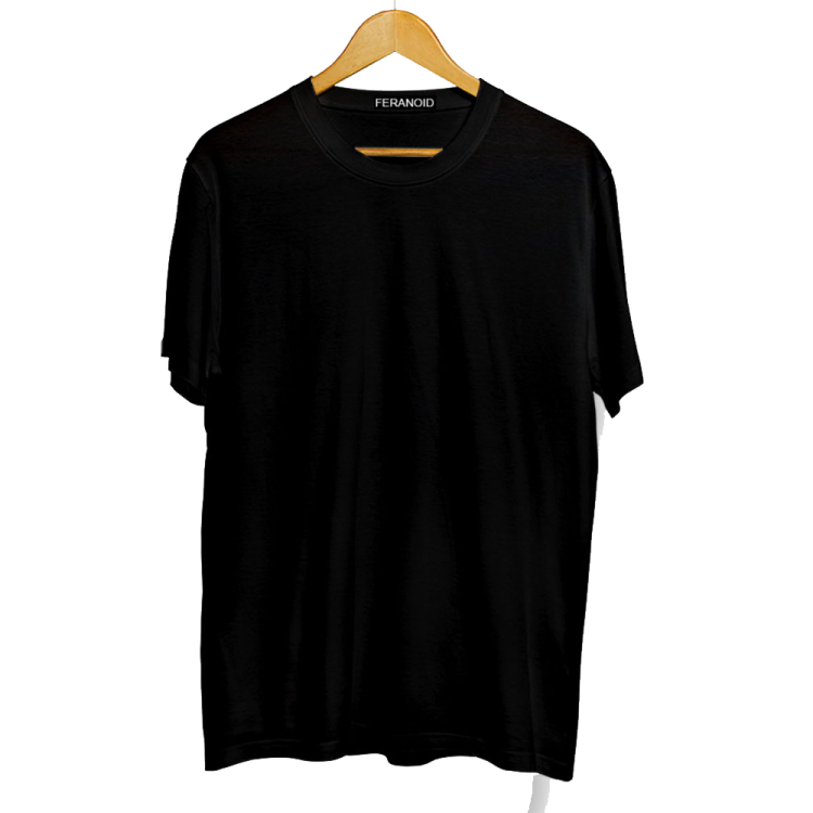 a black t - shirt hanging on a hanger