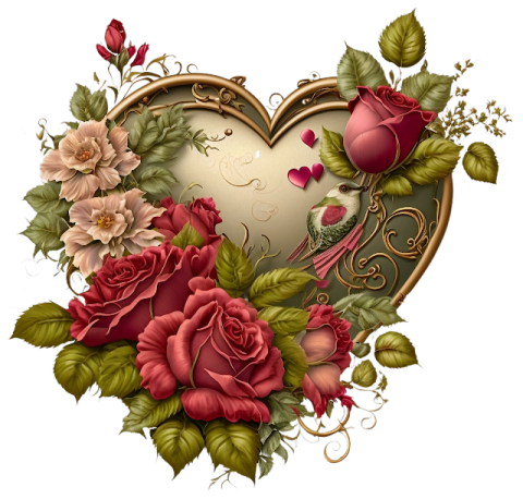 a heart with roses and leaves on it