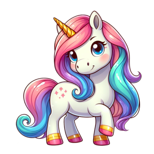 a cute unicorn with pink hair and blue eyes