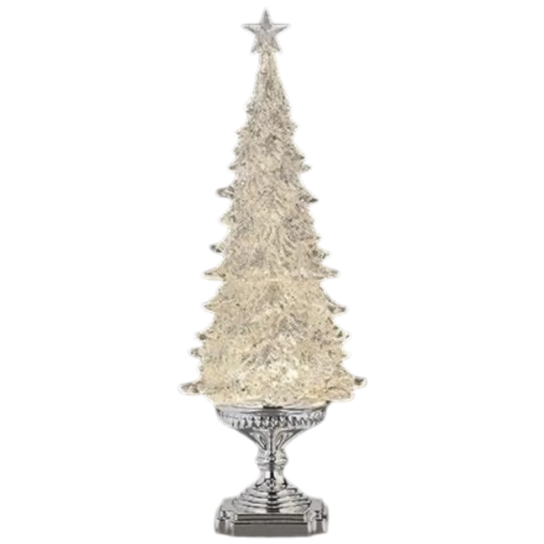 a silver christmas tree on a white background