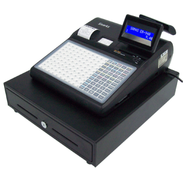 a black cash registerer with a blue screen