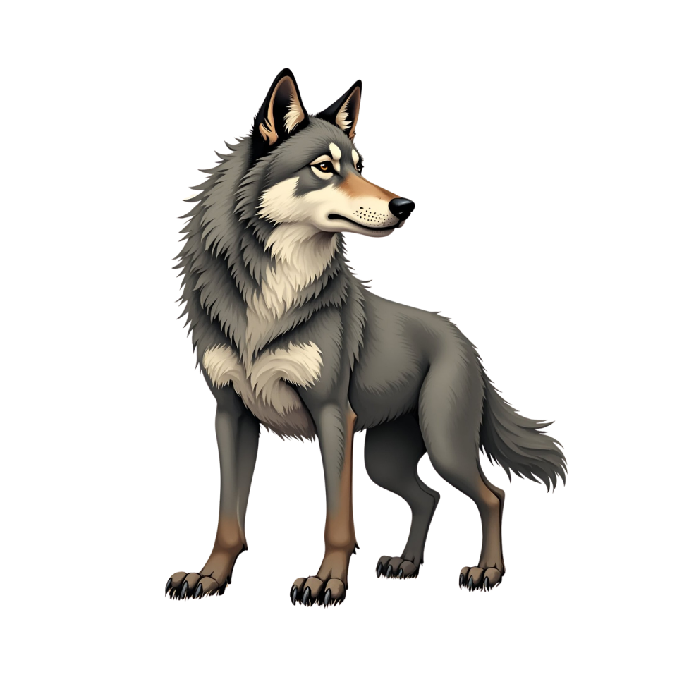 a black and white wolf standing on a white background