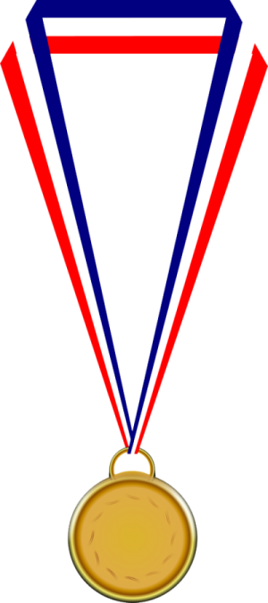 a gold medal with red, white and blue ribbons
