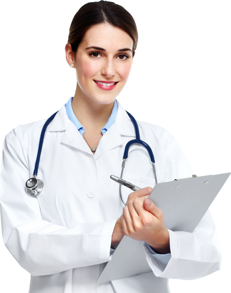 a female doctor holding a clipboard