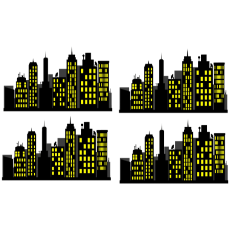 a set of four silhouettes of city buildings